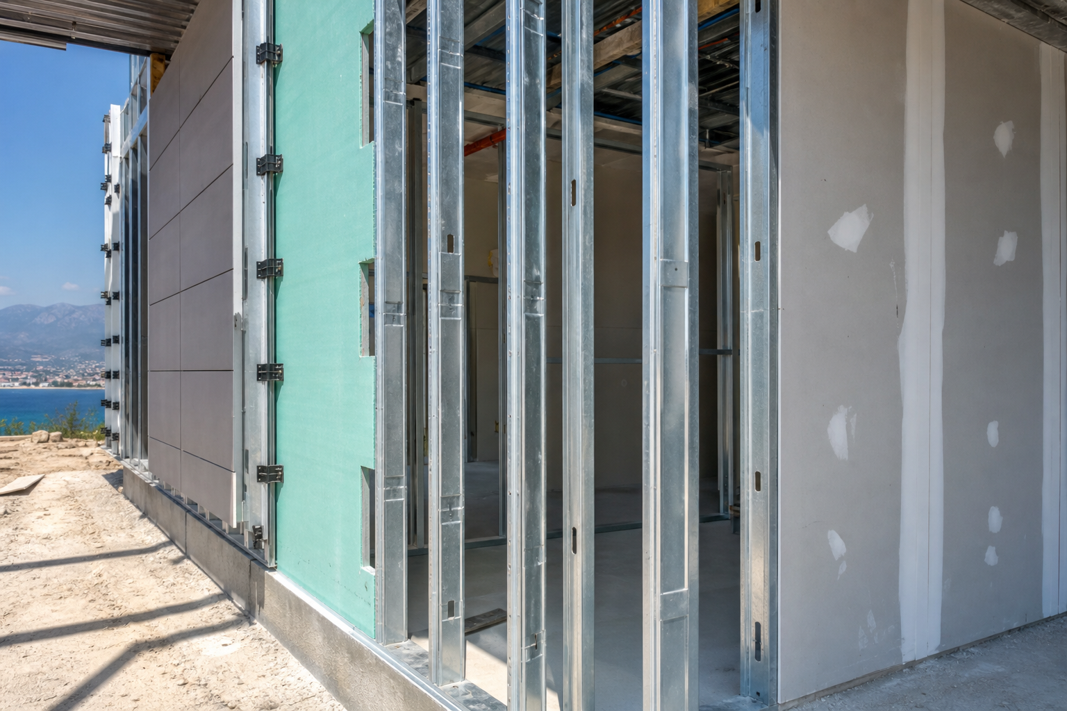 Steel-frame wall with cladding, continuous insulation and dry interior finish