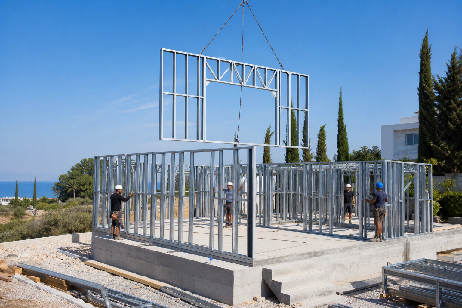 Prefabricated galvanized steel wall modules assembled on a villa foundation