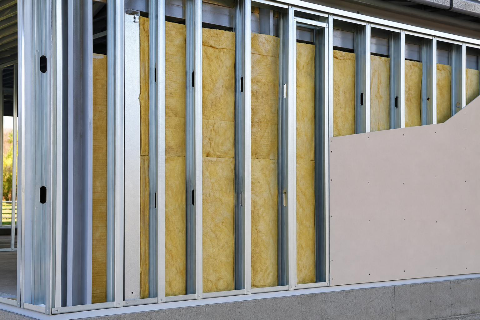 Galvanized light-steel wall frame with insulation batts between zinc-coated studs